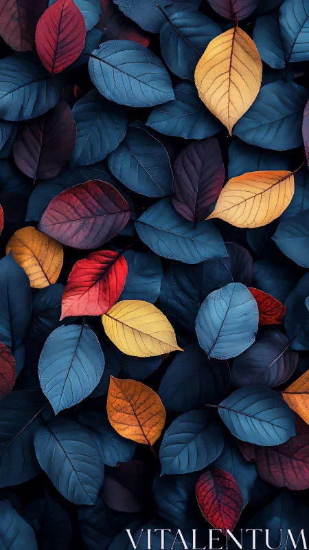 Colorful autumn leaves glowing against deep blue foliage.