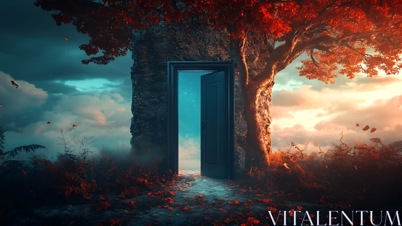 Open doorway embedded in tree amid clouded landscape.