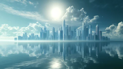 Futurist coastal skyline with mirrored highrise reflection study.