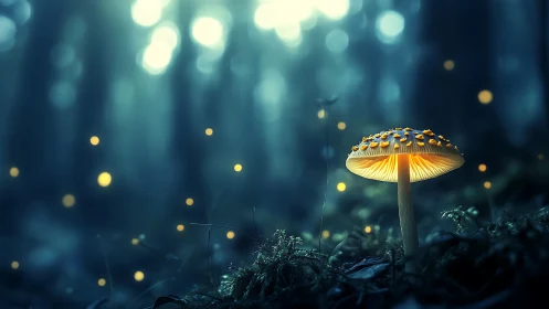 Luminous forest mushroom crowned by drifting firefly stars.