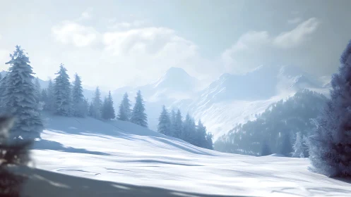 Snow-covered conifer forest under diffuse winter sky and soft haze