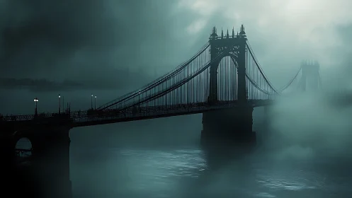 Misty river bridge glowing softly in an atmospheric dusk.
