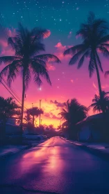 Dreamy palm-lined street glowing under a tropical dusk sky.