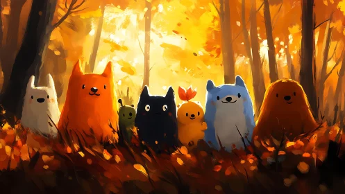 Autumn Forest Creatures Gathering in Glowing Woodland.