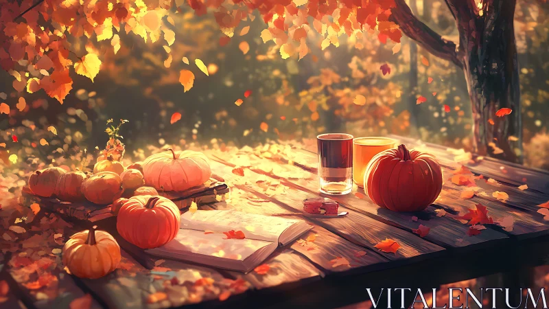 Golden autumn picnic table glows with pumpkins and quiet light