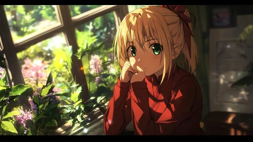 Backlit anime girl in red sweater framed by sunlit foliage