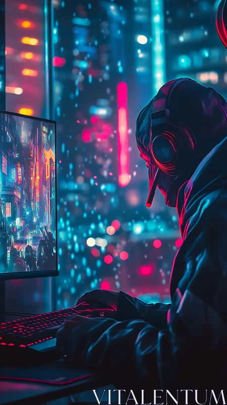 Cyberpunk gamer at neon lit desktop in futuristic city.