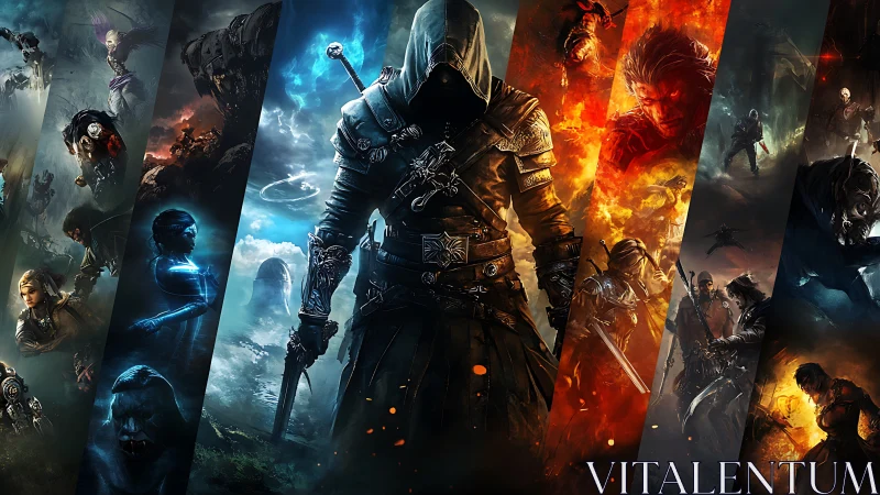 Hooded central warrior framed by segmented fantasy battle panels