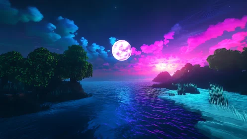 Neon Moon Rising Over Cyberpunk Waters at Dusk.