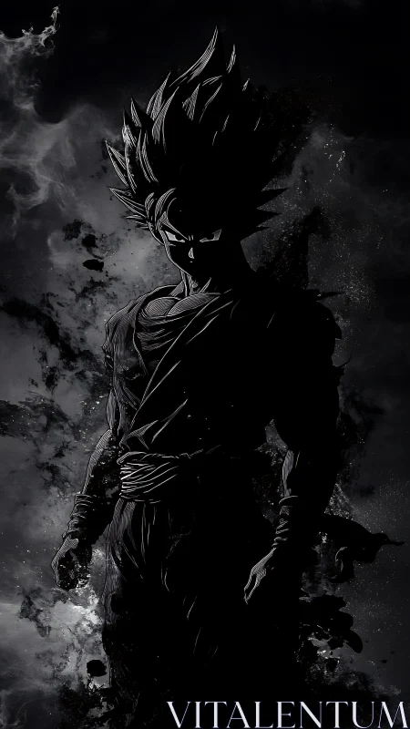 Shadow-charged anime warrior in monochrome cosmic storm.