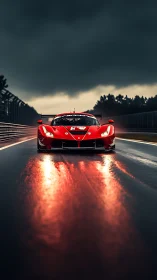 Red GT race car on wet circuit at dusk with reflective track