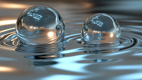 3D chrome liquid spheres floating over rippled metallic pool.