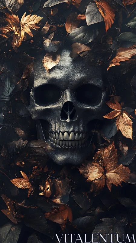 Autumn leaves cradle a midnight skull in eerie forest hush.