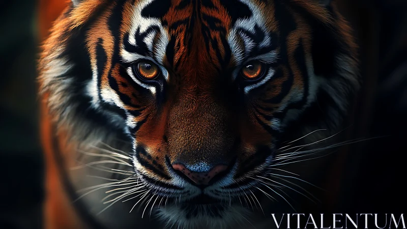 Ember-eyed tiger in calm twilight shadowed close-up.