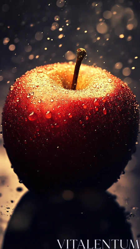 Single wet red apple stands under directional backlighting