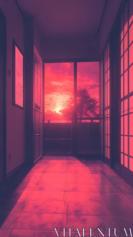 Interior corridor with sunset backlighting through glass doors