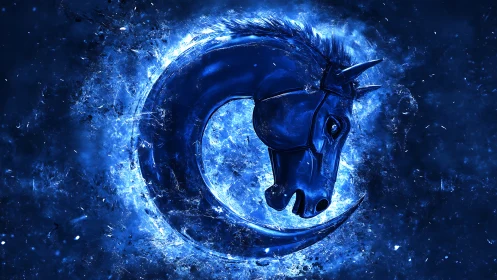 Luminous blue warhorse emblem arcs through fracturing nebula