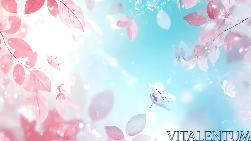 Pastel foliage and blossoms in ethereal bokeh light.