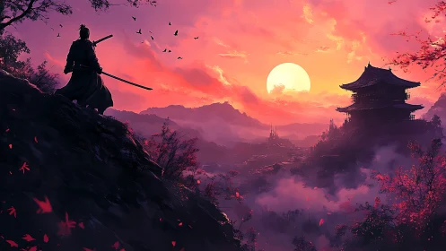 Lone samurai surveys misty valley beneath blazing sunset sky.