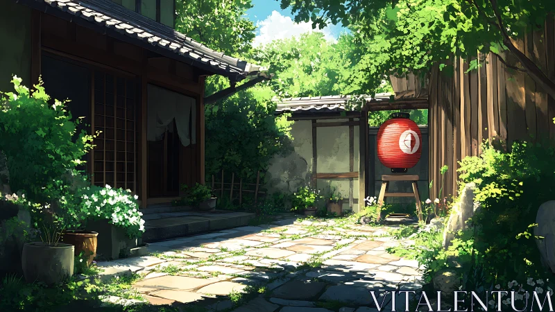 Sunlit Japanese courtyard frames red lantern under green canopy