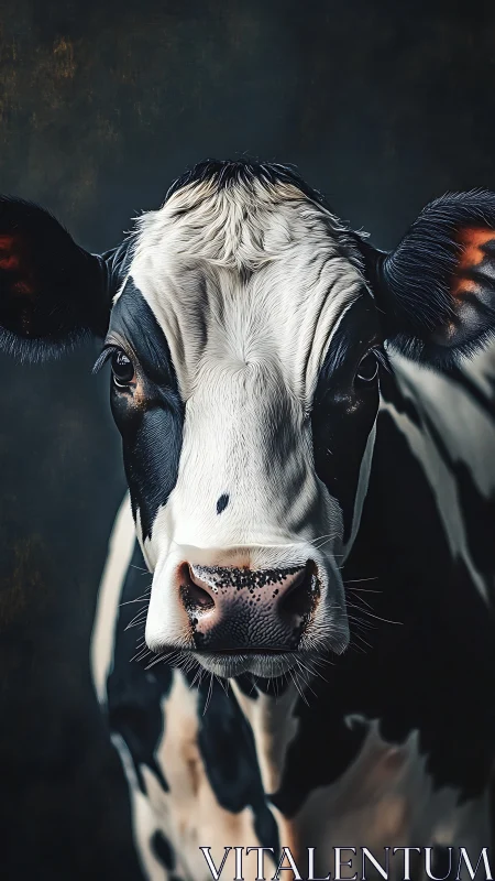 Frontal portrait shows a black and white cow under soft light