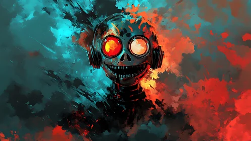 Cybernetic skull portrait splits neon teal and infernal red fields