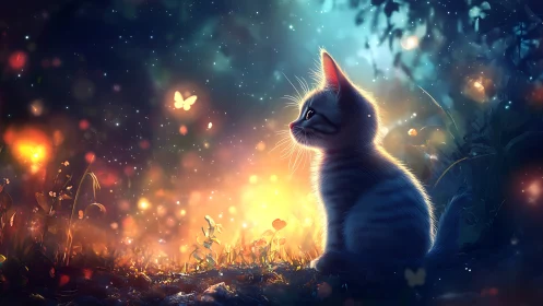 Luminous Cat Amid Enchanted Garden of Light.