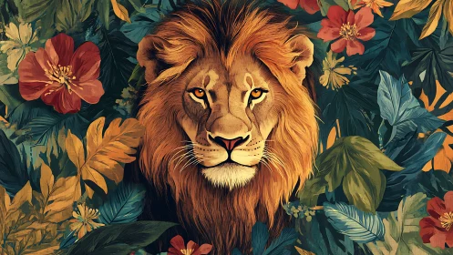 Majestic lion portrait framed by bold tropical foliage.