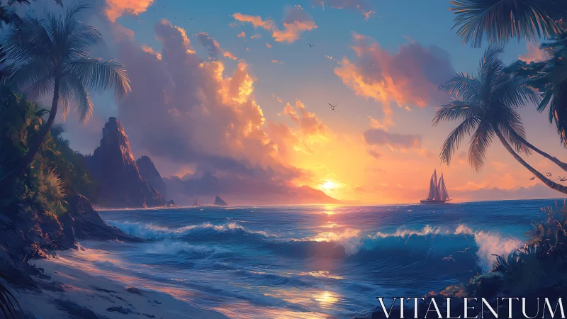 Tropical sunset seascape with sailboat and palm-framed shore.