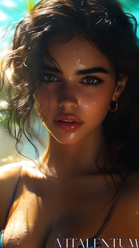 Sunlit wet portrait captures intense gaze and dewy skin.