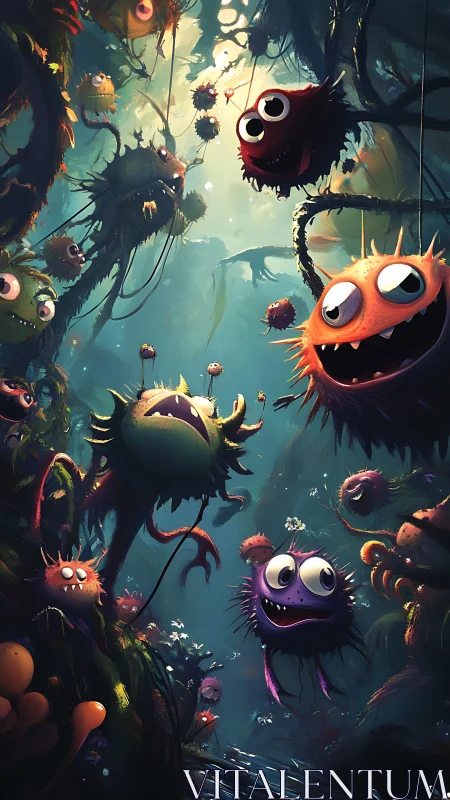 Giggling jungle puff-creatures drift through teal twilight.