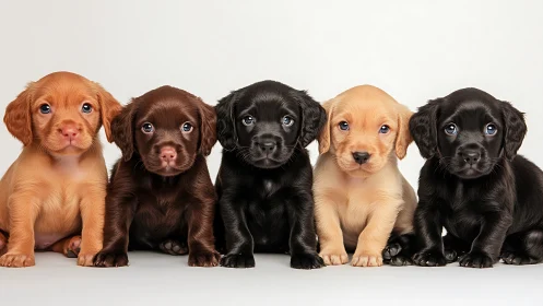 Row of five puppies sitting against neutral studio backdrop.