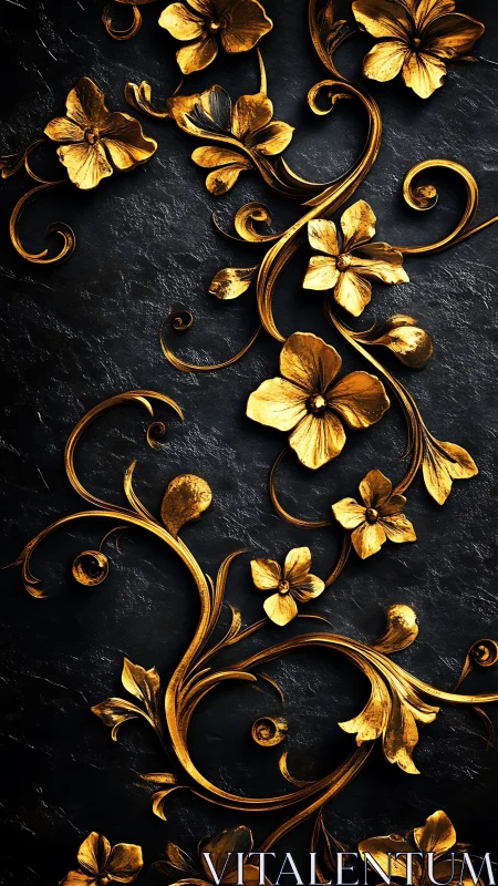 Gold floral relief ornament on dark textured stone surface.
