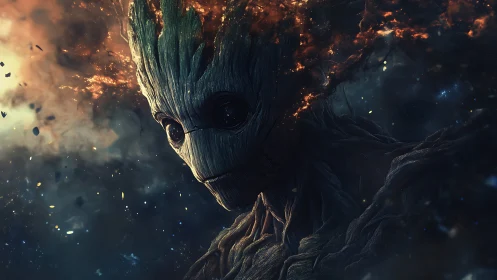 Wooden humanoid figure with burning crown in space scene.