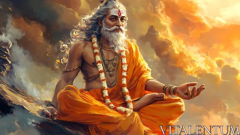 Meditative Hindu sage in orange robes amid glowing clouds.