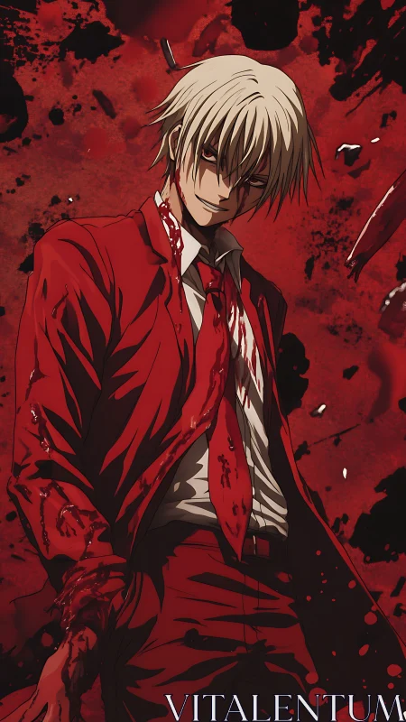Blood soaked anime antihero in red suit against splatter field