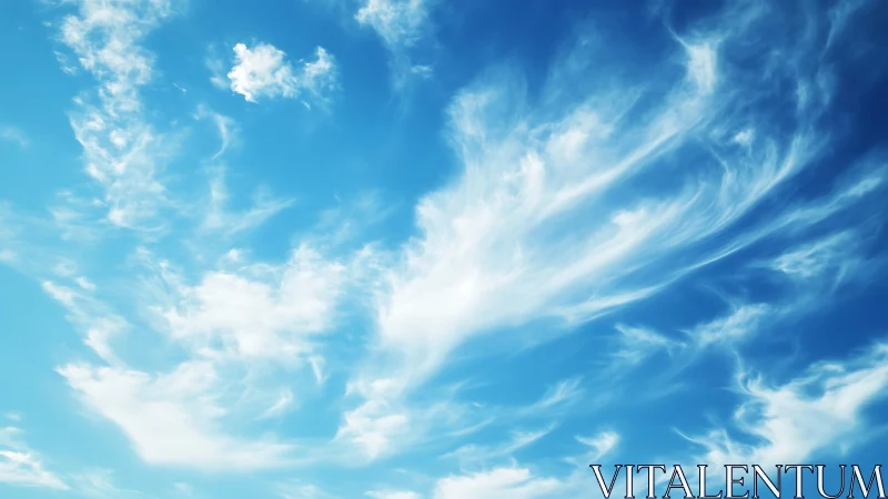 Wispy White Clouds in a Bright Blue Sky, Serene Nature Scene.
