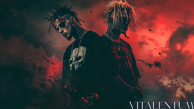 Dual moody portrait of tattooed men in crimson storm haze.