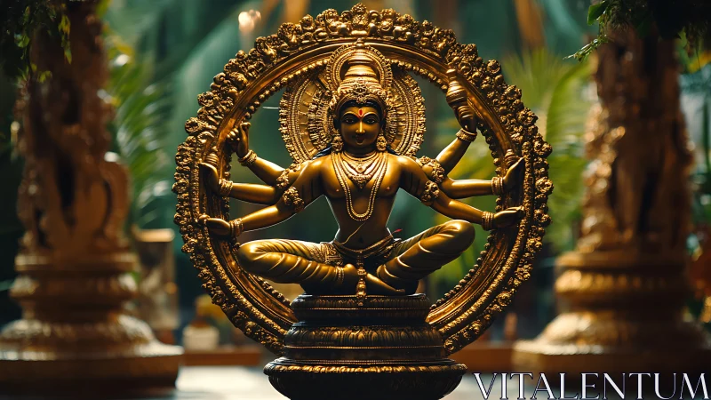 Golden multi armed deity statue glowing in gentle temple light.