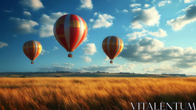 Sunny hot air balloons drifting above golden wheat fields.