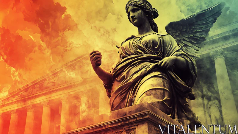 Winged marble statue before neoclassical temple facade.