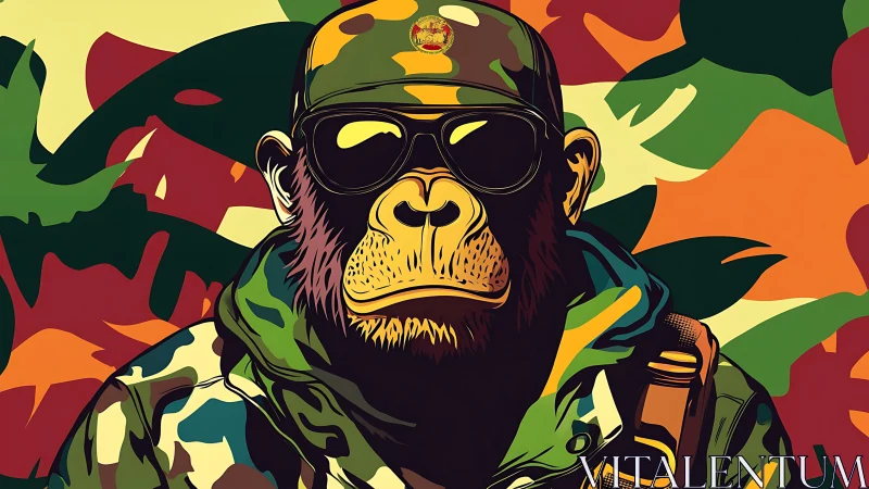 Camouflage-clad chimp soldier in bold vector portrait.