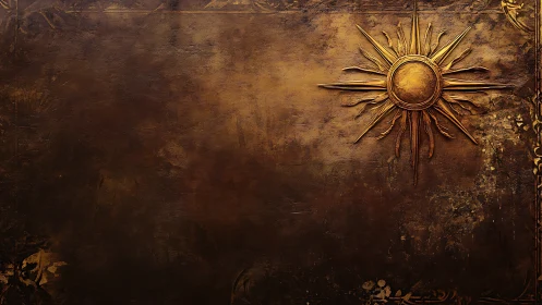Golden sun emblem glows against distressed bronze canvas