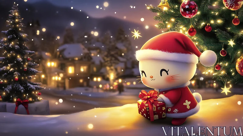 Cute cartoon cat in Santa suit holds gift by lit tree.