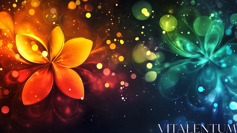 Luminous Dual Flowers: Radiant Orange and Cyan Petals Against Dark Digital Void.