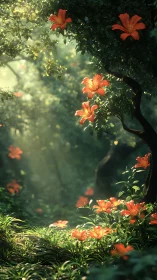 Luminous Garden's Crimson Tapestry Blooms in Morning Haze