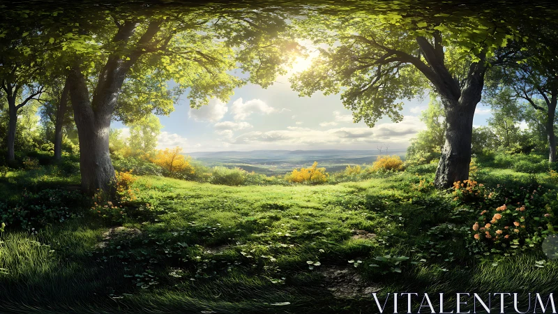 Forest clearing with valley vista, green canopy frame