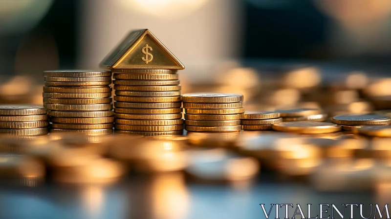 Stacks of gold coins forming symbolic house shape.