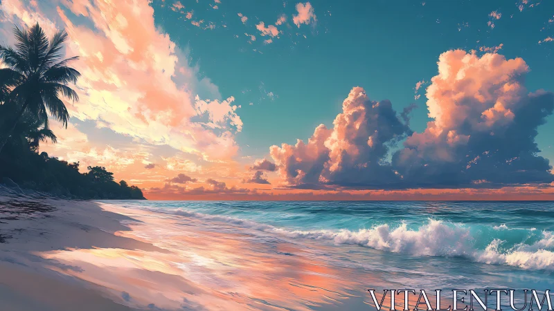 Cotton cloud regatta over sorbet-tinted tropical shoreline.