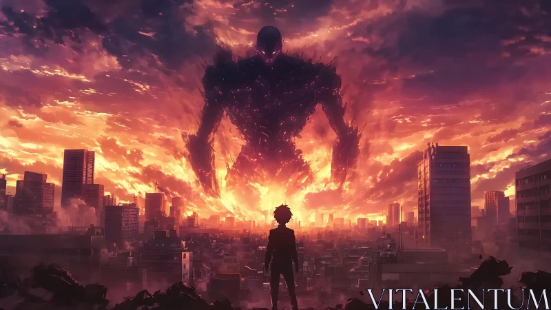 City boy meets ember colossus beneath a burning horizon